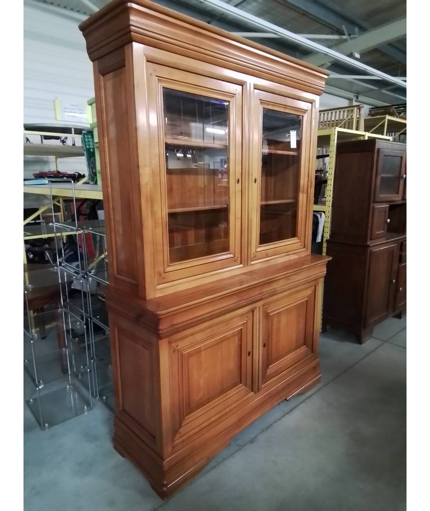 BUFFET 2 CORPS VITRÉ BOIS CLAIR MOULURÉ 4 PORTES 