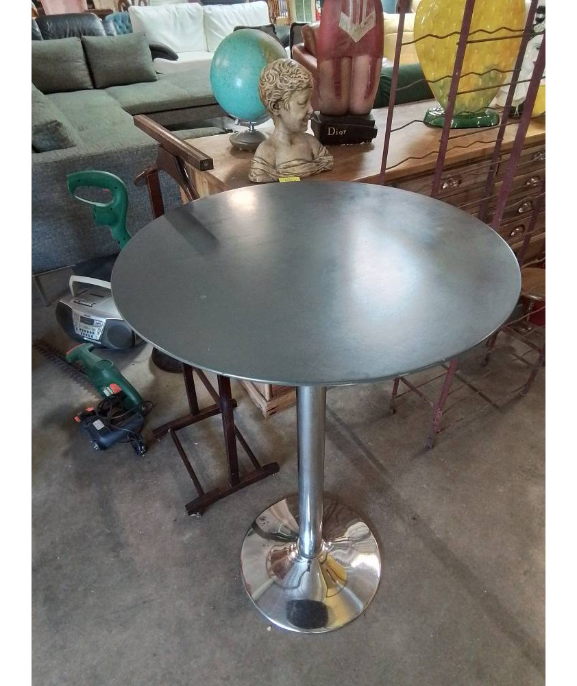 TABLE RONDE MANGE DEBOUT PIÈTEMENT MÉTAL CHROME PLATEAU BOIS GRIS 