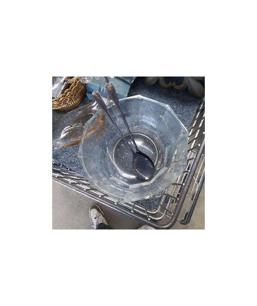 LOT SALADIER VERRE PIED + CUILLERE METAL ARGENTÉ 
