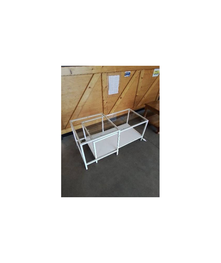 2 TABLES BASSES GIGOGNES PIÈTEMENT MÉTAL BLANC PLATEAUX VERRE
