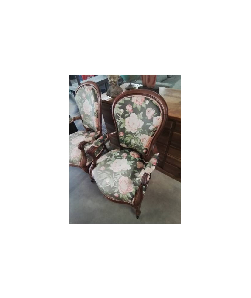 FAUTEUIL ACAJOU CAPITONNÉ TISSU VERT DÉCOR AUX ROSE NAPOLÉON III 