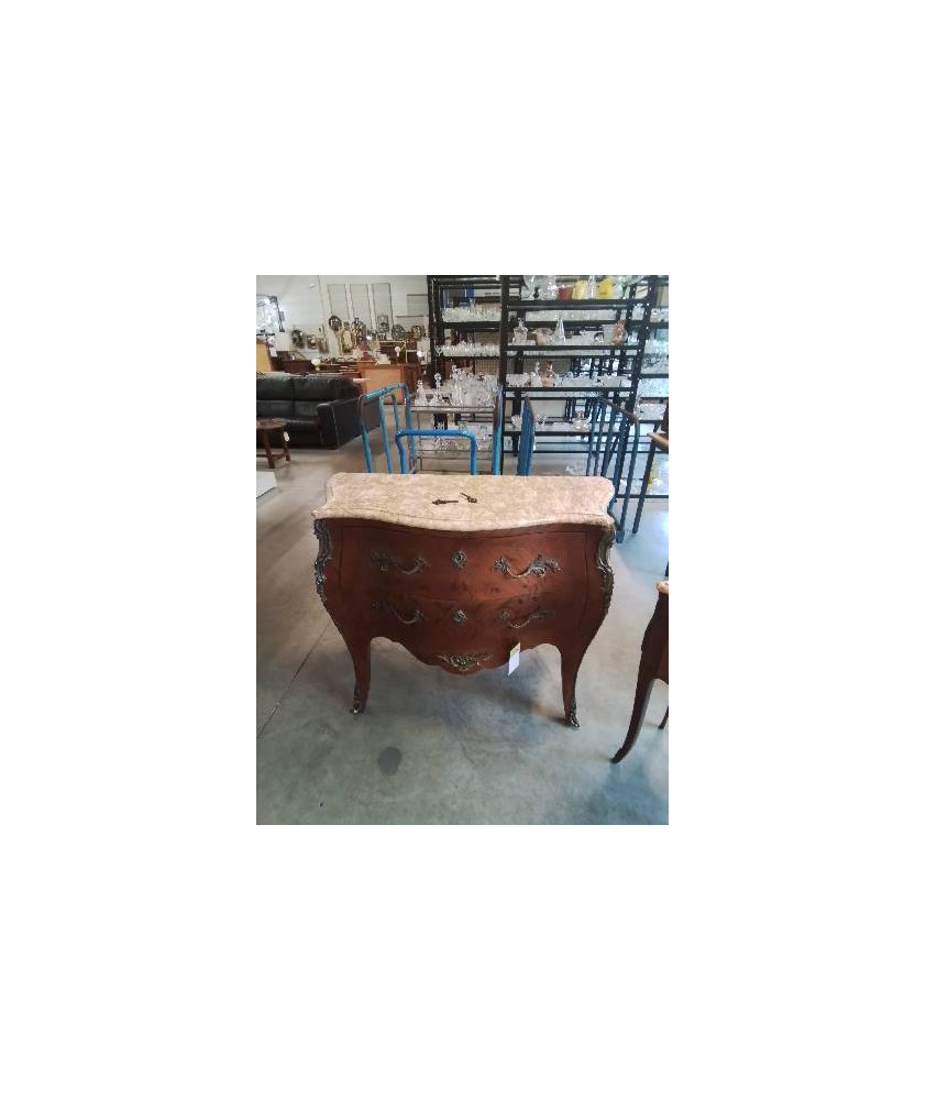 COMMODE GALBÉ BOIS DE ROSE MARQUETÉ GARNITURES BRONZE 2 TIROIRS DESSUS MARBRE STYLE LOUIS XV 
