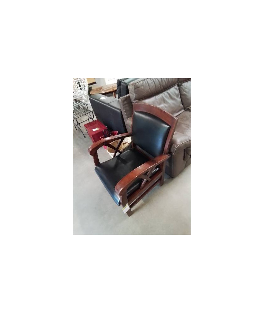 FAUTEUIL TECK STYLE COLONIAL ASSISE ET DOSSIER CAPITONNÉ CUIR NOIR