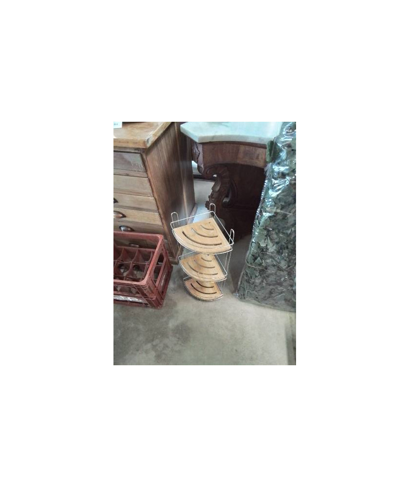 ÉTAGÈRE D’ANGLE MÉTAL CHROMÉ 3 TABLETTES BOIS CLAIR AJOURÉ 