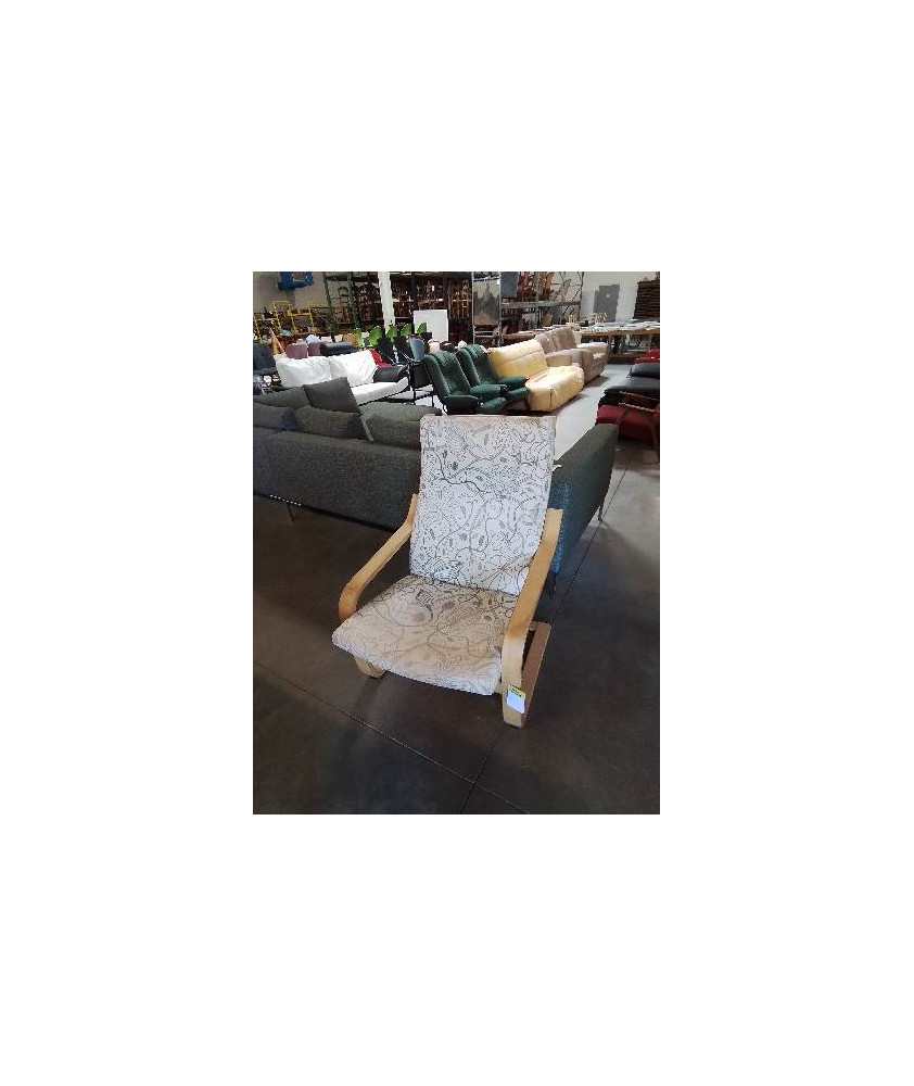 FAUTEUIL BOIS CLAIR TISSU ECRU AUX FEUILLES 