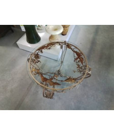 TABLE BASSE  RONDE MÉTAL DORÉ PLATEAU VERRE AUX OISEAUX 