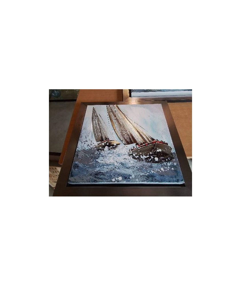 TABLEAU VOILIERS ENCADREMENT BOIS LAQUÉ 50X50