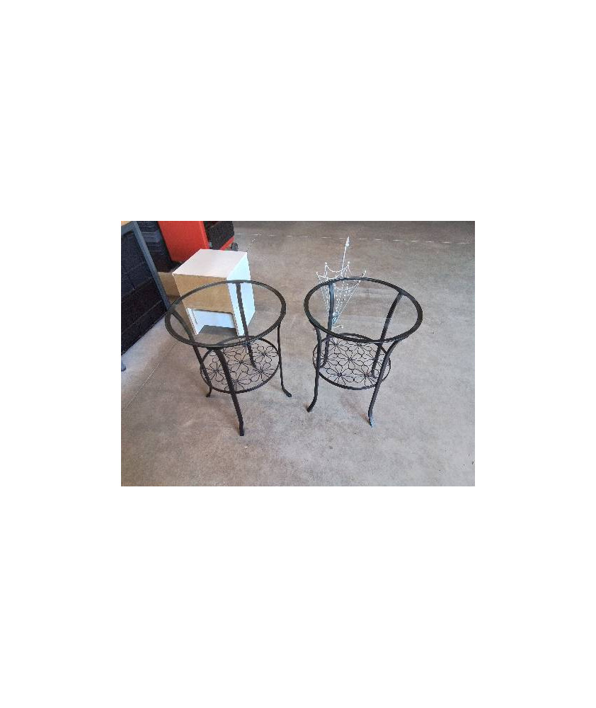 GUERIDON ROND MÉTAL NOIR PLATEAU VERRE 