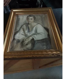 AQUARELLE FEMME ASSISE  18X24 ENCADREMENT BOIS DORE
