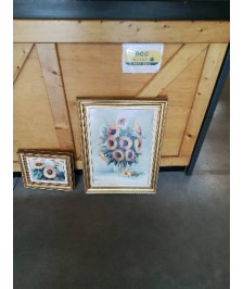 TABLEAU BOUQUET DE FLEURS ENCADREMENT BOIS MOULURÉ DORÉ 