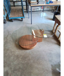 TABLE BASSE RONDE 2 PLATEAUX VERRE PIÈTEMENT BOIS CLAIR