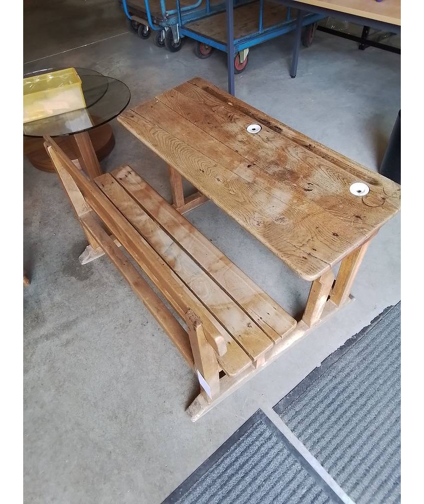 BUREAU D’ECOLIER DOUBLE BOIS AVEC ENCRIERS DÉBUT XXE