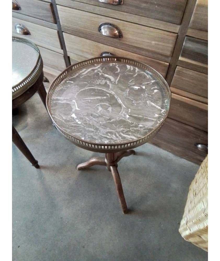GUERIDON ROND A GALERIE PIÈTEMENT BOIS DESSUS MARBRE GRIS