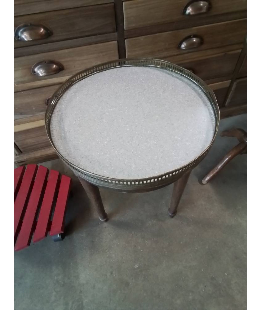 TABLE BOUILLOTTE A GALERIE BOIS DESSUS MARBRE GRIS STYLE LOUIS XVI FIN XIXE 
