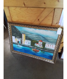HUILE SUR TOILE PAYSAGE MÉDITERRANÉEN CADRE DORÉ 