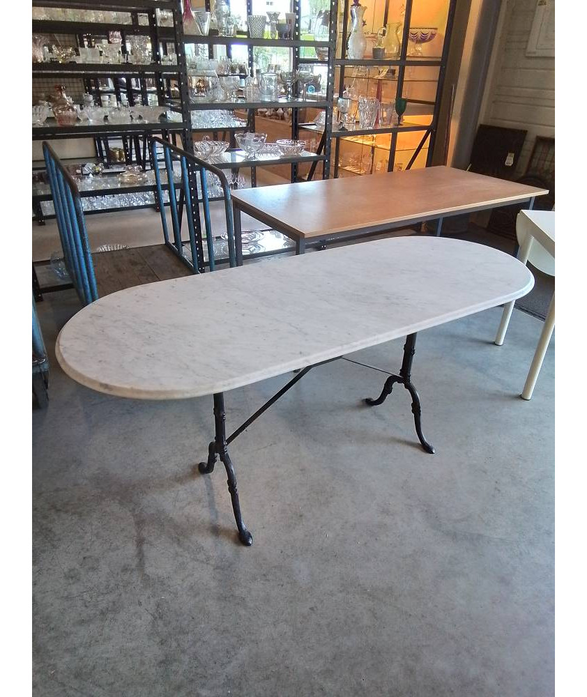 TABLE OVALE BISTROT PIÈTEMENT FONTE PLATEAU MARBRE BLANC 