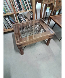 TABLE BASSE RECTANGULAIRE BOIS ET VERRE FORGÉ DESSUS PLATEAU VERRE