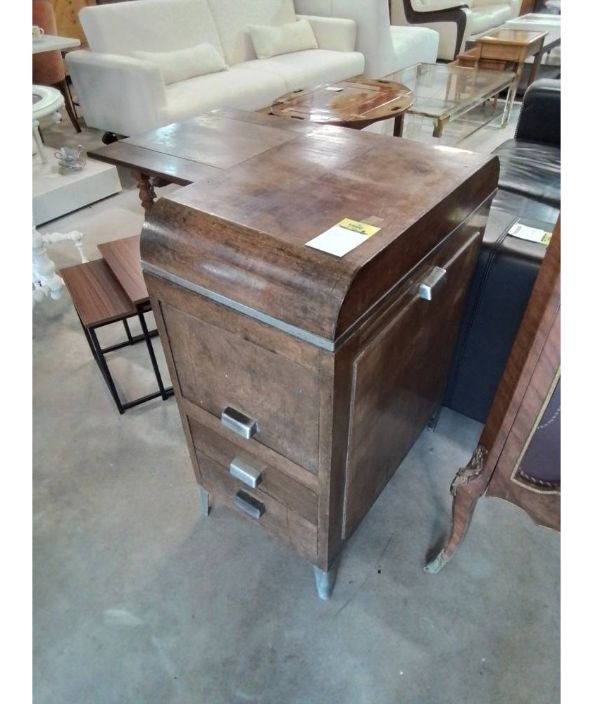 BOUT DE CANAPÉ ART DÉCO BOIS ET MÉTAL 1 PORTE 2 TIROIRS 