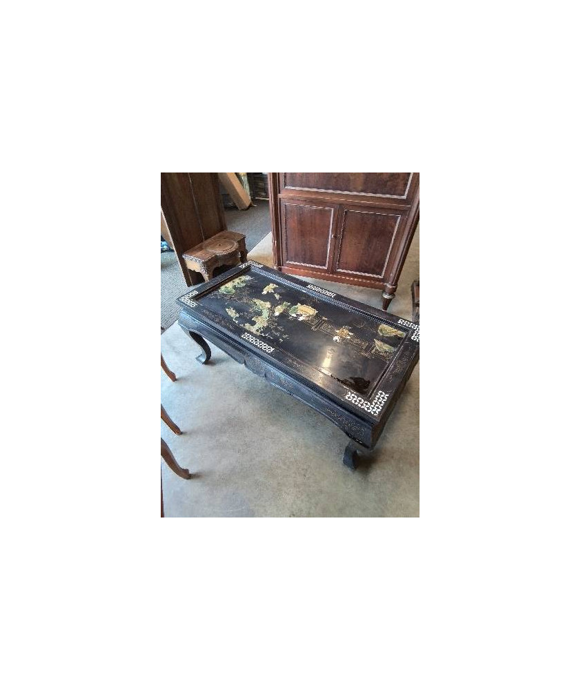 TABLE BASSE RECTANGULAIRE BOIS NOIR LAQUÉ ET NACRE STYLE ASIATIQUE 