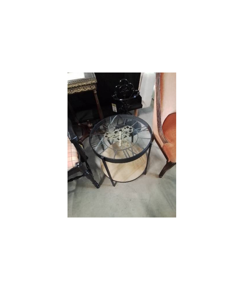 TABLE BASSE HORLOGE BOIS CLAIR ET MÉTAL NOIR EN L\'ÉTAT 