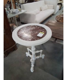 GUERIDON ROND BOIS PEINT BLANC PLATEAU MARBRE ROUGE VEINÉ FIN XIXE