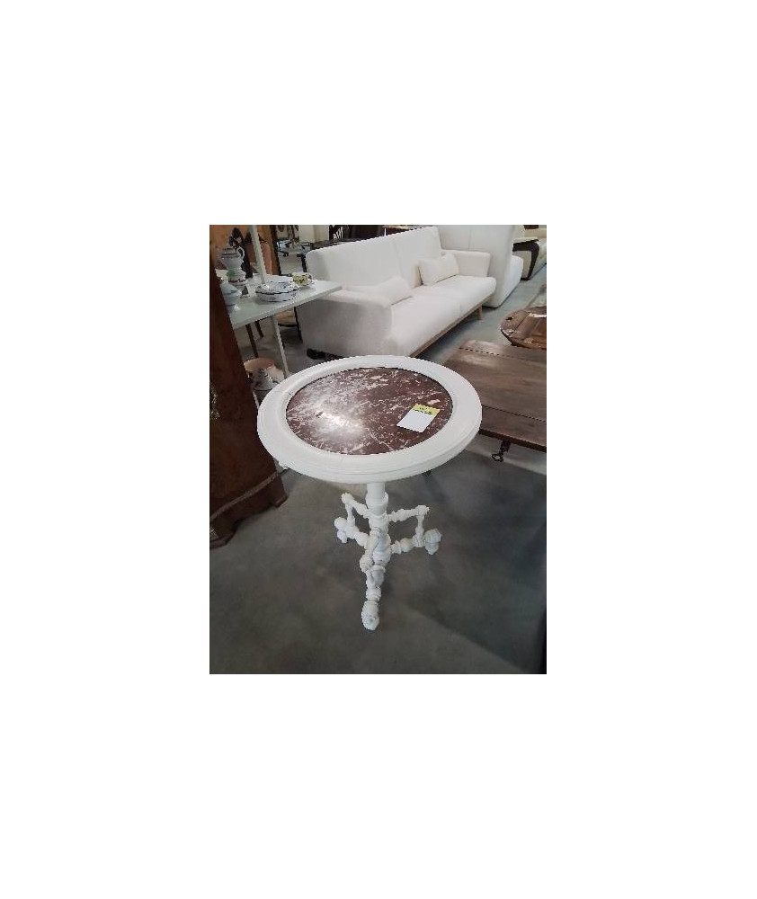 GUERIDON ROND BOIS PEINT BLANC PLATEAU MARBRE ROUGE VEINÉ FIN XIXE