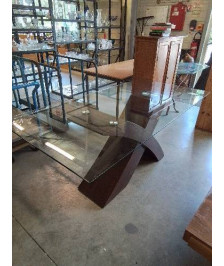 TABLE  RECTANGULAIRE PIÈTEMENT BOIS PLATEAU VERRE 189X90X77CM