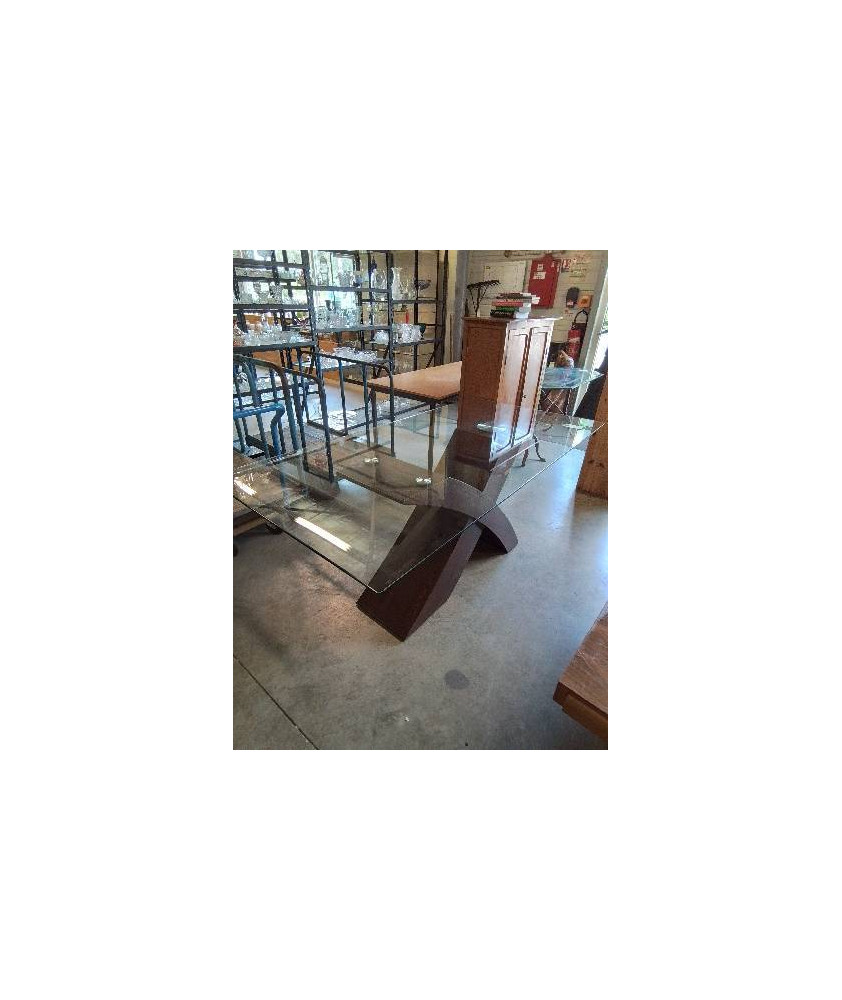 TABLE  RECTANGULAIRE PIÈTEMENT BOIS PLATEAU VERRE 189X90X77CM