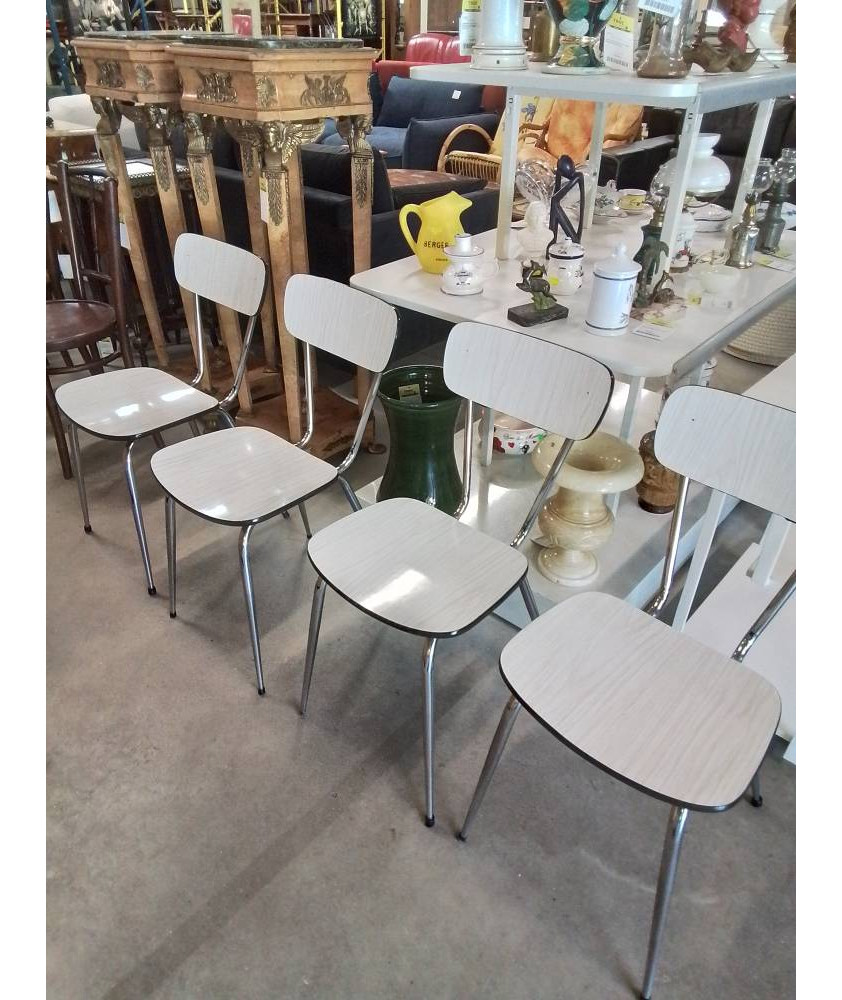 4 CHAISES PIÈTEMENT MÉTAL CHROMÉ ASSISE ET DOSSIER FORMICA BLANC ANNÉES 70