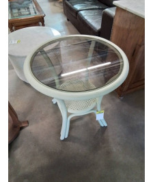 TABLE BASSE RONDE BOIS PEINT ECRU DESSUS PLATEAU VERRE