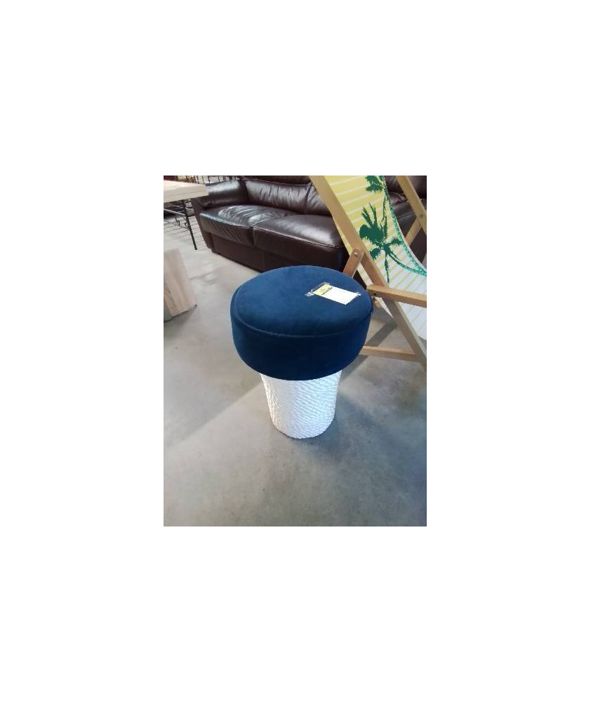 POUF CORDAGE TRESSÉ BLANC ASSISE TISSU BLEU