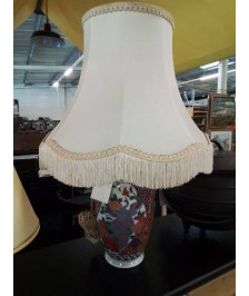 LAMPE CÉRAMIQUE AU PAON AJ VOLANT A FRANGES STYLE ASIATIQUE 