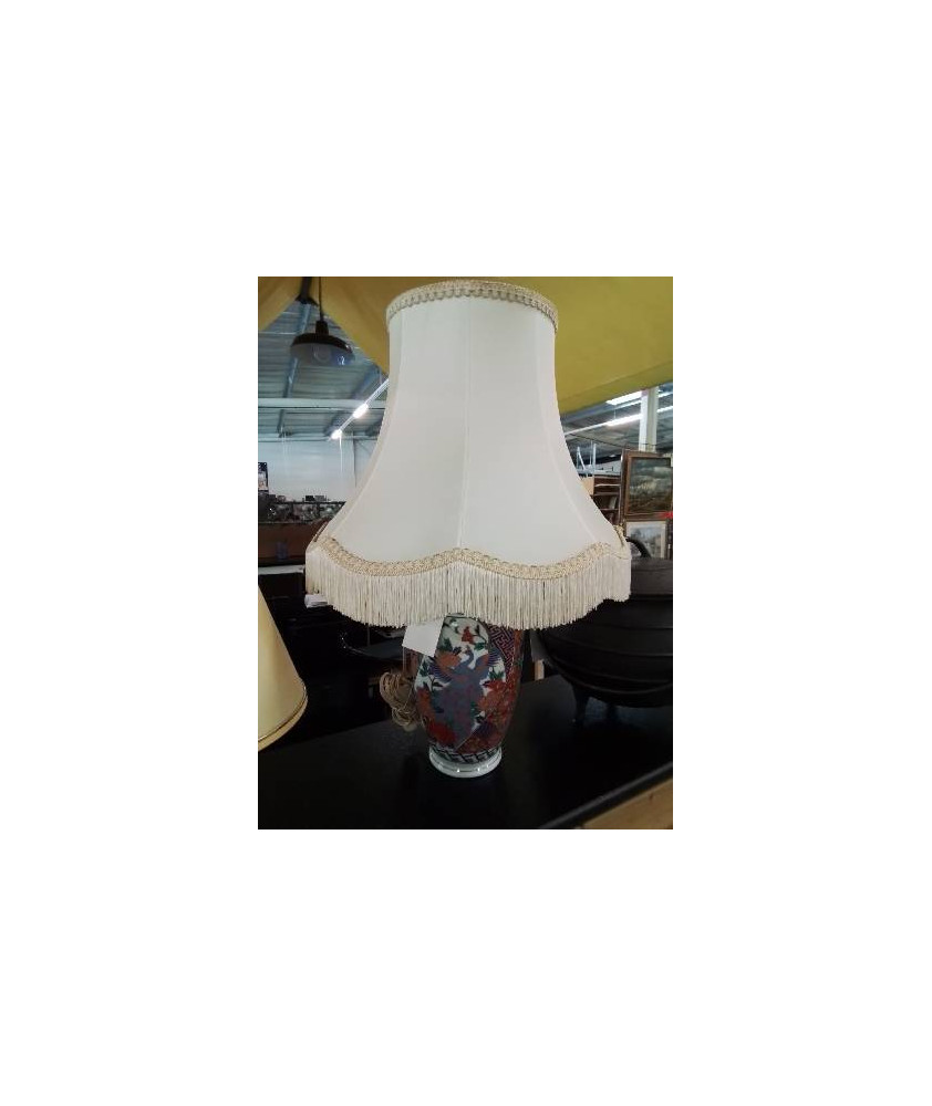 LAMPE CÉRAMIQUE AU PAON AJ VOLANT A FRANGES STYLE ASIATIQUE 
