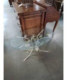 TABLE BASSE OVALE PIÈTEMENT MÉTAL BLANC AUX FEUILLES PLATEAU VERRE 