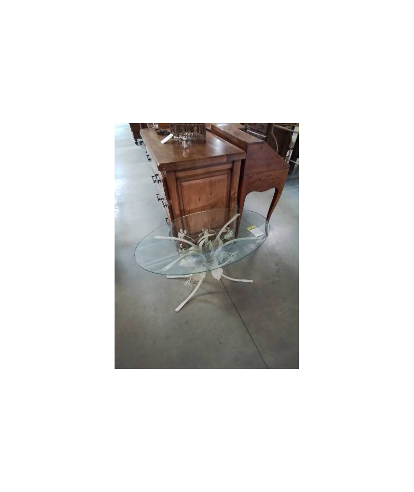 TABLE BASSE OVALE PIÈTEMENT MÉTAL BLANC AUX FEUILLES PLATEAU VERRE 