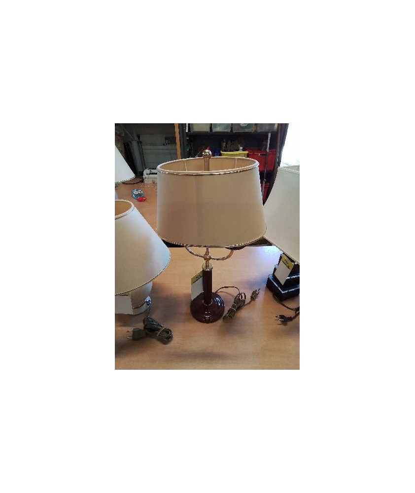 LAMPE COLONNE RESINE GRENAT ET LAITON AJ ECRU LISERÉ DORÉ 2 FEUX 