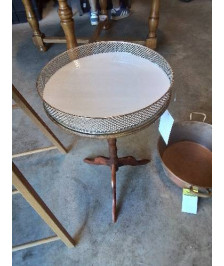 GUERIDON ROND A GALERIE PIÈTEMENT BOIS TRIPODE DESSUS MARBRE BLANC
