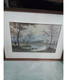 GRAVURE PAYSAGE BORD DE LAC