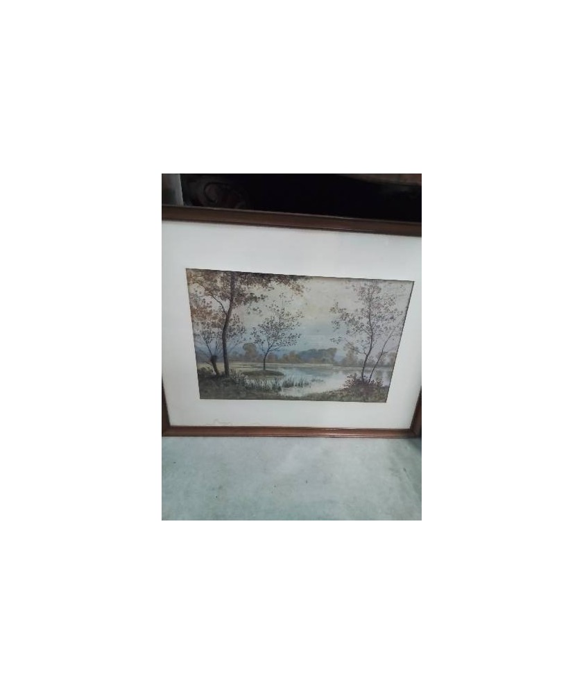 GRAVURE PAYSAGE BORD DE LAC