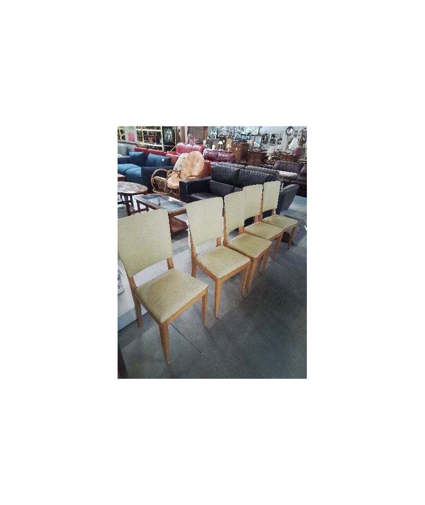 5 CHAISE BOIS CLAIR ASSISE ET DOSSIER CAPITONNÉ SKAÏ VERT ANNÉES 50