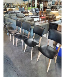 4 CHAISES PIÈTEMENT BOIS ASSISE ET DOSSIER SKAÏ NOIR ANNÉES 50