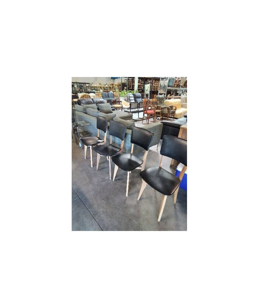 4 CHAISES PIÈTEMENT BOIS ASSISE ET DOSSIER SKAÏ NOIR ANNÉES 50