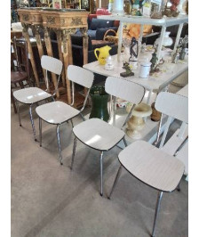 4 CHAISES PIÈTEMENT MÉTAL CHROMÉ ASSISE ET DOSSIER FORMICA BLANC ANNÉES 70