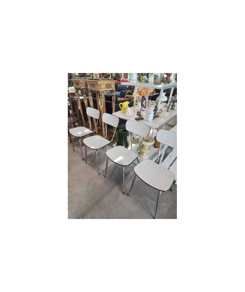 4 CHAISES PIÈTEMENT MÉTAL CHROMÉ ASSISE ET DOSSIER FORMICA BLANC ANNÉES 70