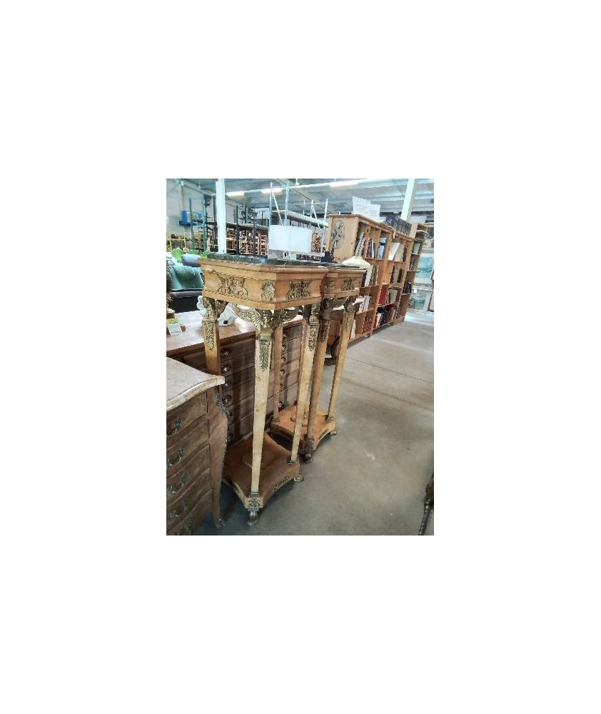 PAIRE DE PIEDESTALS BOIS GARNITURES BRONZE DESSUS MARBRE