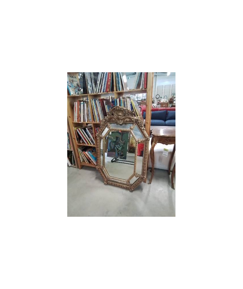 MIROIR A PARCLOSES NAPOLÉON III STYLE LOUIS XV BOIS ET STUC DORE