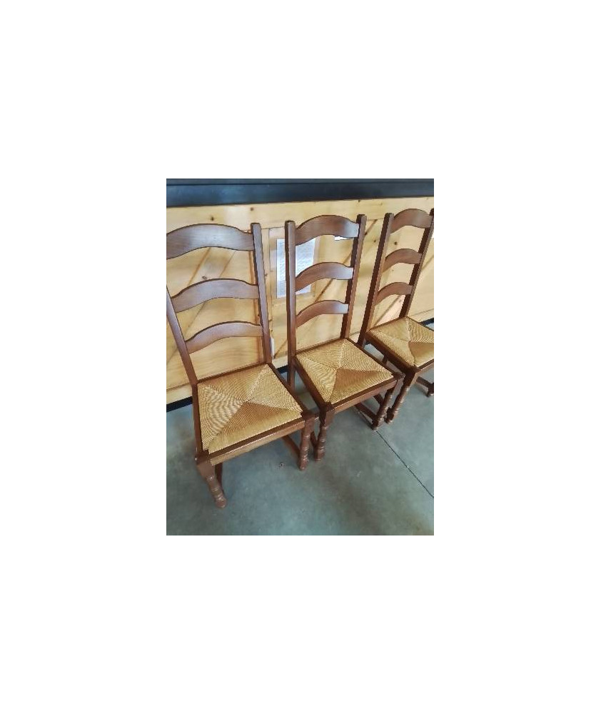 3 CHAISES BOIS CLAIR PAILLÉ A ENTRETOISE DOSSIER 3 BARREAUX CINTRÉ PIEDS BALUSTRE 