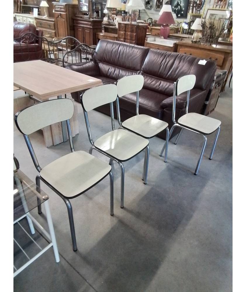 4 CHAISES PIÈTEMENT MÉTAL CHROMÉ ASSISE ET DOSSIER FORMICA JAUNE ANNÉES 60