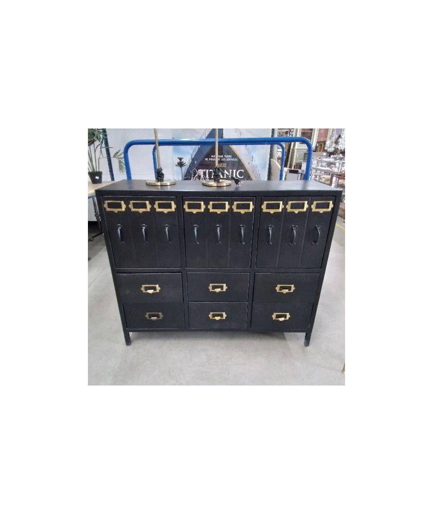 MEUBLE CASIERS TYPE INDUSTRIEL NOIR ET DORÉ 
