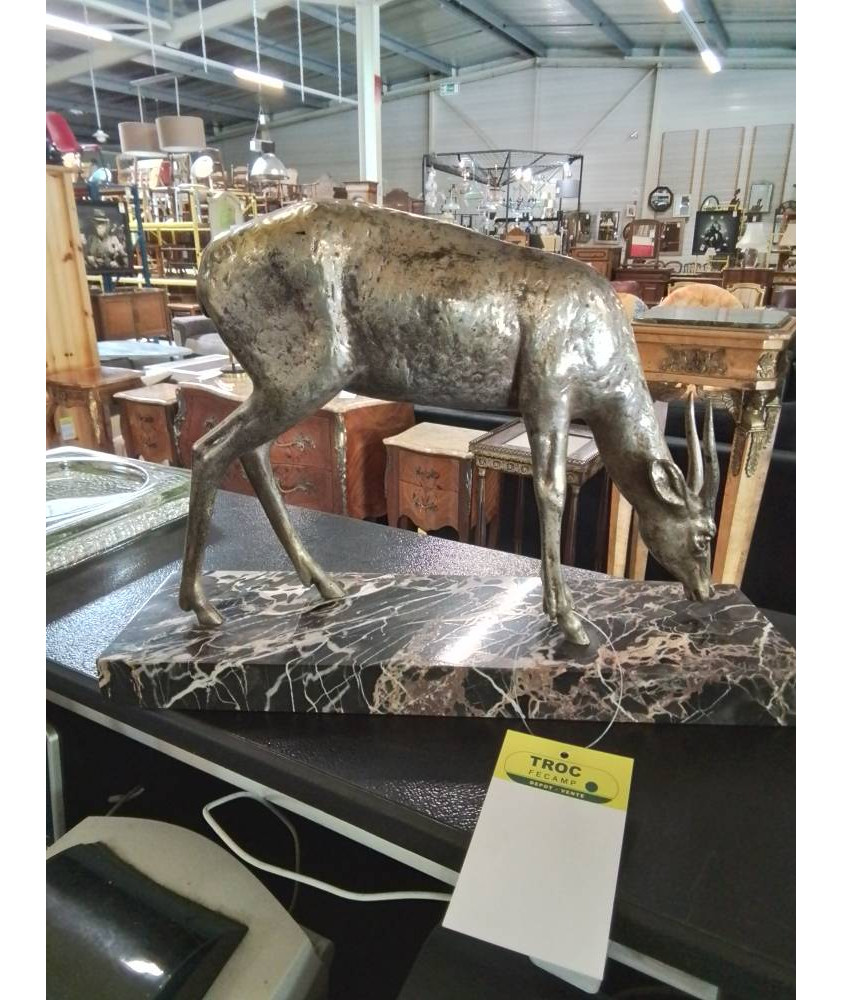 SCULPTURE ANTILOPE BRONZE SUR MARBRE VEINÉ ART DÉCO G.RIGAULT 
